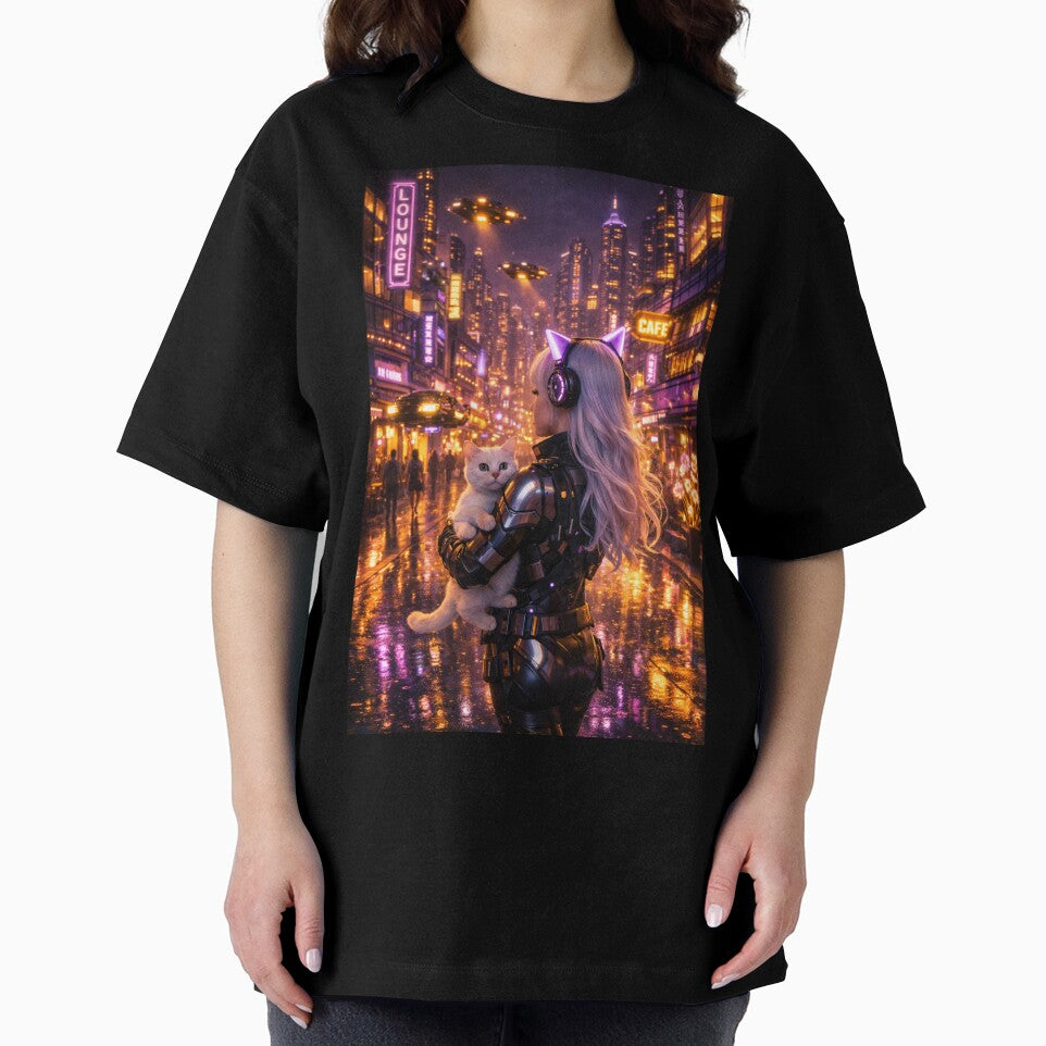 Cyberpunk Girl with White Cat Neon City Lounge Art by UmSkelig834