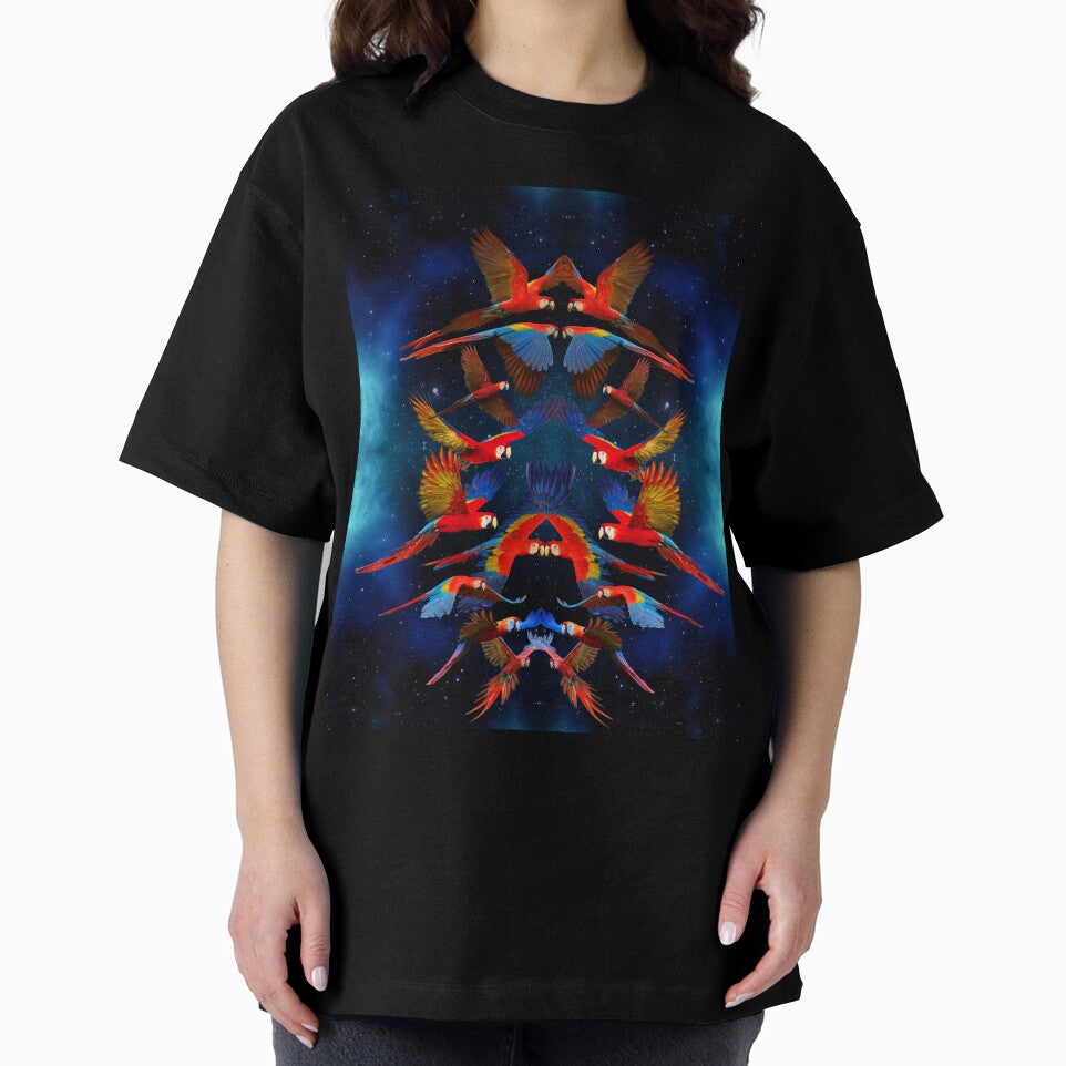 Flock of Scarlet Macaws with Blue Galactic Background by JungleVision