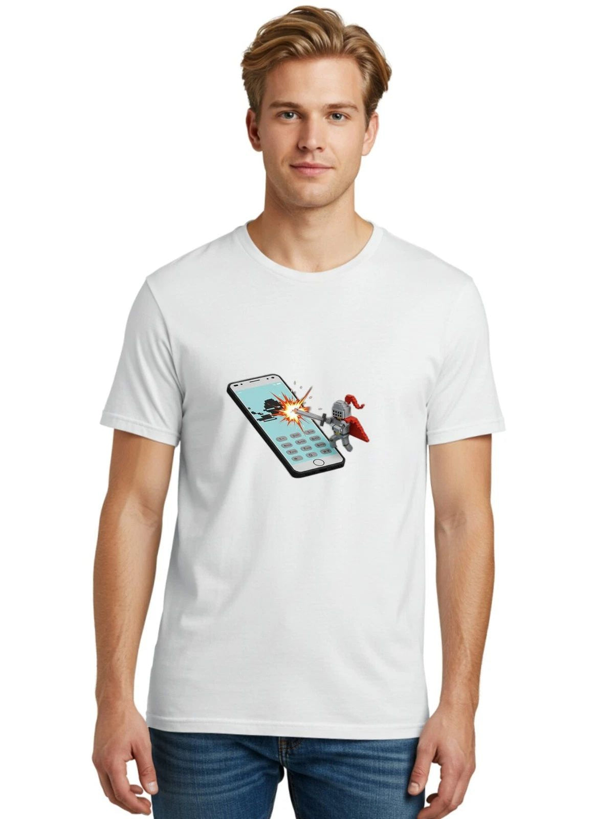 Knight-Attacking-Phone Mens Graphic Tee, 100% Cotton, Casual Summer Wear Unisex , , , Long Sleeve Tee