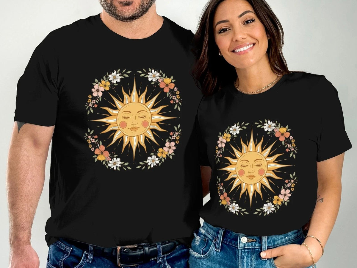Floral Sun Face , Boho Graphic Tee for Women, Retro Summer Aesthetic Unisex , , , Long Sleeve Tee