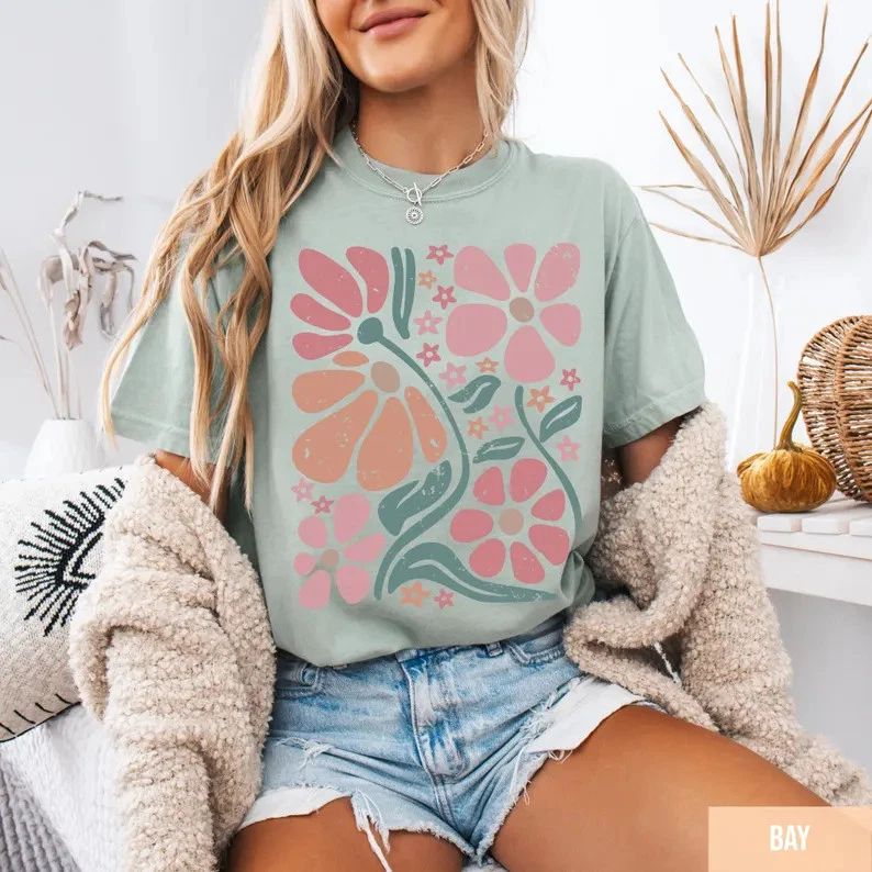 Boho Floral Retro Comfort Tee Vintage Style Shirt Soft Unisex , , , Long Sleeve Tee