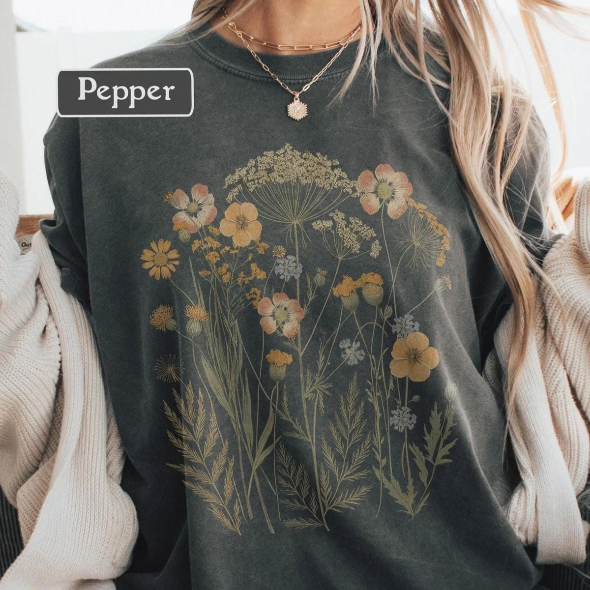 Wildflower Shirt - Pressed Flower Graphic Tee, Boho Botanical with Vinta Unisex , , , Long Sleeve Tee