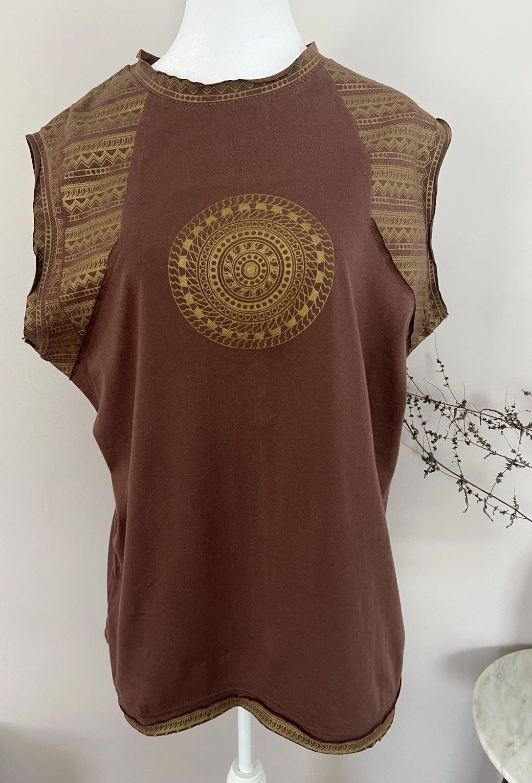 Kaydanime Clothing L Brown Cotton Handmade Sleeveless Mandala Unisex , , , Long Sleeve Tee
