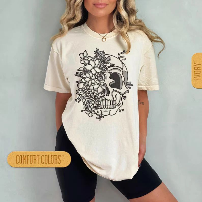 Boho Skull Flower Skeleton Comfort Tee Hippie Floral Gothic Art Gift Unisex , , , Long Sleeve Tee