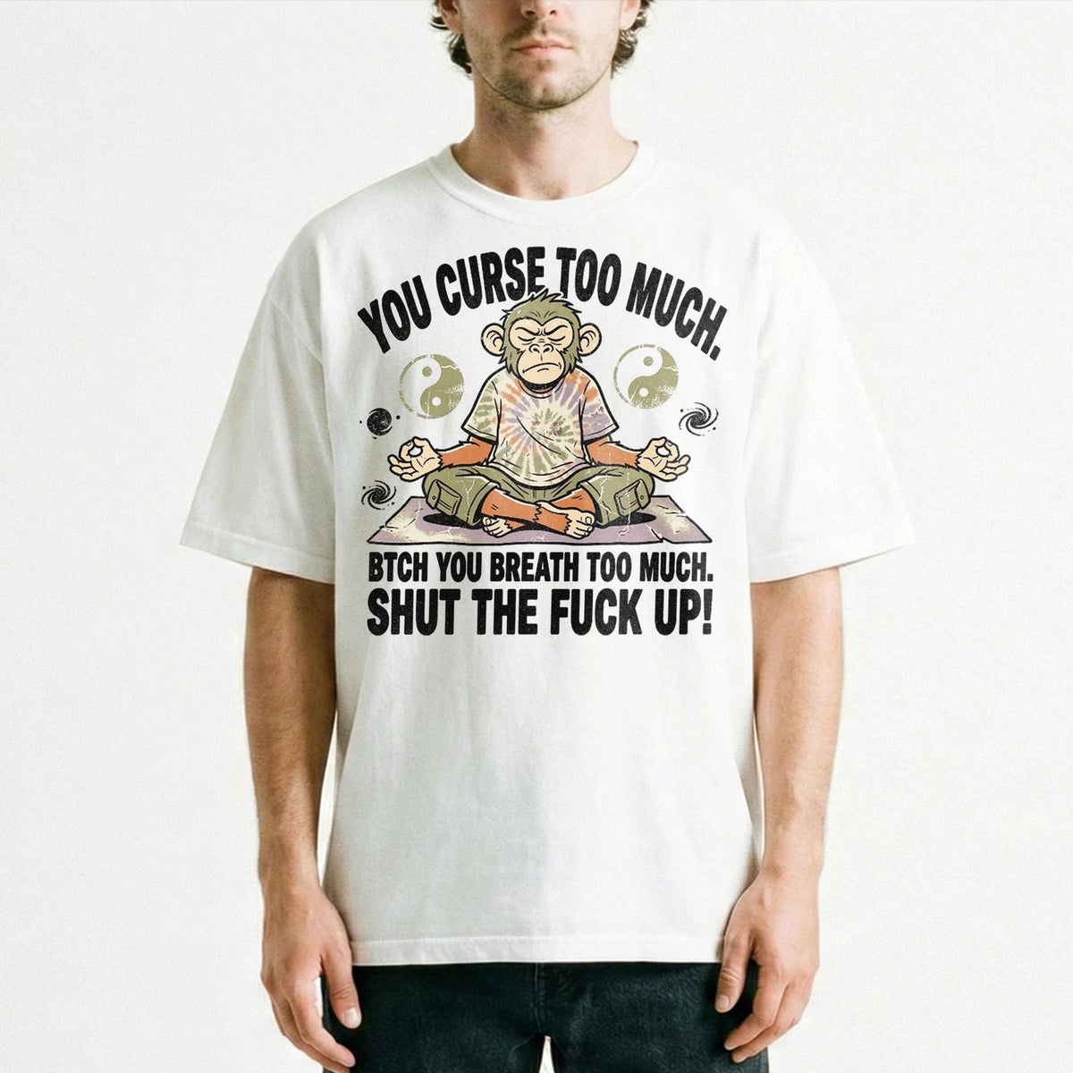 Yin Yang Monkey You Curse Too Much Meditation Hippie Boho Cosmic Vibes T Unisex , , , Long Sleeve Tee