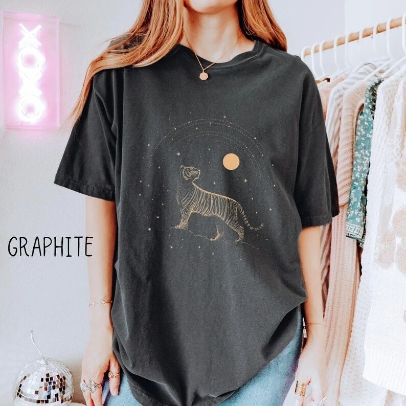 Vintage Tiger Graphic Comfort Tee Boho Moon Soft Relaxed Fit Shirt Unisex , , , Long Sleeve Tee