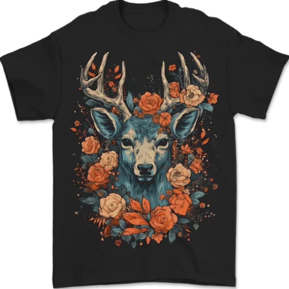 A Fantasy Deer With Flowers Mens 100% Cotton Unisex , , , Long Sleeve Tee